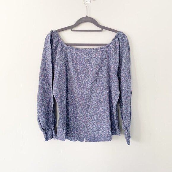 5/$25 Caslon boho peasant blue floral button front off shoulder elastic wrist - Picture 4 of 8